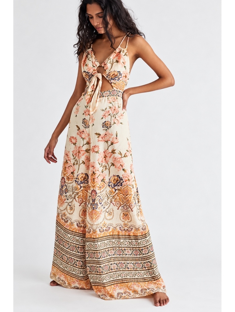 Free People Rolling Hills Floral Wide Leg Jumpsuit Cream Boho Size 4